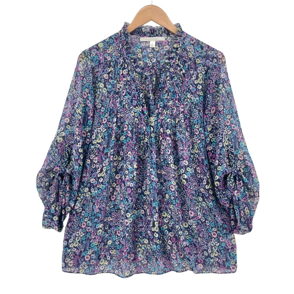 Lauren Conrad Large Floral Ruffle Blouse Sheer Boho Romantic Work Top